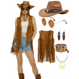 6 PC Cowgirl Western Outfits for Women Retro Cowgirl Costumes Fringe Vest Cow Girl Hat for Women Country 70s Hippie Outits (Brown, S)