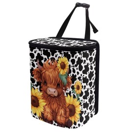 KEIAHUAN Highland Cow Sunflower Foldable Car Trash Bag Hook Hanging Car Garbage Can Holder Leakproof Storage Organizer for Camping Car Interior Accessories