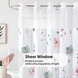 QiyI Flower Shower Curtain with Snap in Liner, Grey and Pink Watercolor Floral Cloth Bath Curtain, No Hook Shower Curtains with Mesh Top Window, Fabric Waterproof Bathroom Curtain Set, 72 x 81 Inch