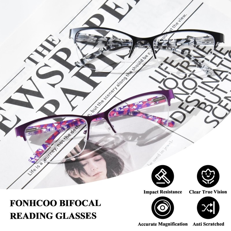 FONHCOO Bifocal Reading Glasses for Women, Metal Spring Hinge Blue