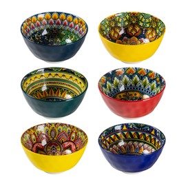 Henten Home Small Dessert Bowls Set of 6, Ceramic 12 oz Rice Bowls Set, Porcelain Colorful Serving Bowls for Snack, Ice Cream, Salad, Bohemia Style, Microwave & Dishwasher Safe