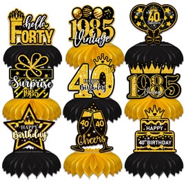 15PCS 40th Birthday Decorations for Men and Women - Black and Gold Table Centerpieces and Greeting Cards - Cheers to 50 Years Honeycomb Party Decor - 1985 Birthday Table Decorations for Him Her