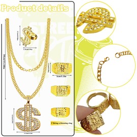 DONGZQAN 90s Fancy Dress Men, Gold Chain Fancy Dress, Rapper Costume, Dollar Symbol Necklace/Hip Hop Earrings/Hip Hop Ring, Hippie Glasses for Hippie Rapper Disco Outfit