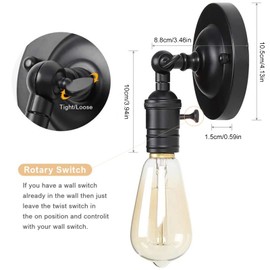 GOCBOBO Pack of 2 Wall Lights Indoor Vintage 180° Adjustable Metal Wall Lamp with Switch Retro Industrial Wall Lighting for Bedroom, Study, Hallway, Attic, Bathroom, Black