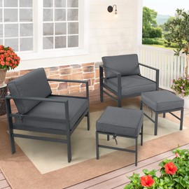 Auzfy 2 Pieces Outdoor Ottomans for Patio, No-Assembly Aluminum Outdoor Patio Footstool with Gray Cushions, Small Aluminum Patio Seat for Porch Yard Garden Deck, Grey Frame