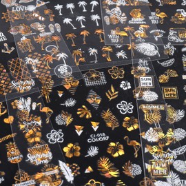 Summer Nail Art Stickers, Holographic Laser Gold with White Nail Art Sticker Design, 3D Coconut Tree Leaf Flowers Shell Nail Art Transfer Decals for Women Manicure Beach Decorations, Nail Art Tips