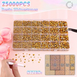 25000Pcs Resin Rhinestones with B7000 Jewelry Glue for Crafting, Copper Gold 2-6mm Non Hotfix Flatback Gems, Bedazzling Crystal for DIY Crafts Clothing Tumblers Mugs Shoes Fabric Nail Art