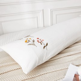 Move Over Body Pillow Cover, White Flower Embroidery, Soft Washed Microfiber, Pocket Closure, 20x54 inches