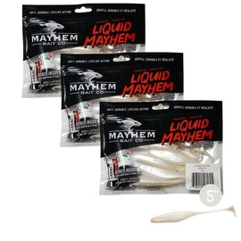 Liquid Mayhem 5" Jerk - Pearl - Soft Plastic Fishing Lure for Walleye 15 Count (3 x 5-Pack) + Bonus 3 x 10ml Tube - Liquid Fish Attractant