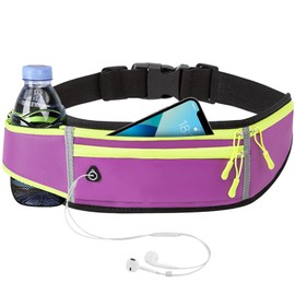 Mayoii Running Belt with Water Bottle Holder, Adjustable Waterproof Sports Waist Pack, for Cycling, and Fitness, Phone Pocket, Reflective Strip, Breathable Quick-Dry Fabric, Earphone Hole, Purple