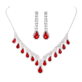 Yikisdy Women Red Rhinestone Necklace Jewelry Set Bridal Necklace Earrings Sets Prom Crystal Costume Jewelry Accessories for Wedding