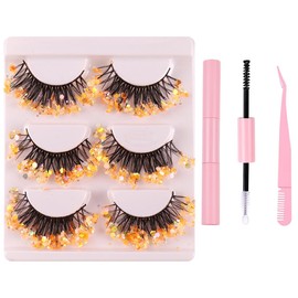 FAIRYGATE Eyelashes with Glue Dramatic Glitter Lashes with Colorful Sequin Makeup DIY False Lash Decorative with Glue and Pink Tweezers for Cosplay Party 3 Pairs, B4810