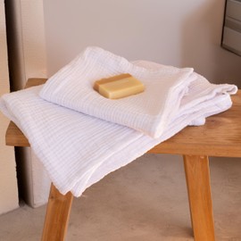 Viva Maison - Muslin Towels for Adult Bath, Thin Towels for Bathroom, Soft, Quick-Dry, Lint-Free, Large Size 32x67 Inch (White, 1 Bath & 1 Hand Towel Set)