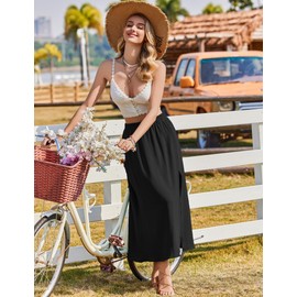 Zeagoo Skirt Women's Long Elegant Summer Skirts A-line Elastic High Waist Maxi Skirt Plain Flowy Casual Skirt Beach Skirt with Slit S-XXL, black, L