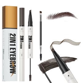 Eyebrow Pencil with Eyebrow Gel, 2-in-1 Microblading Eyebrow Pen and Brow Gel with 4 Fork Tip & Precise Brush-Tip for Fuller-Looking Defined Brows, 24H Wear, Waterproof & Smudge-proof, Dark Brown