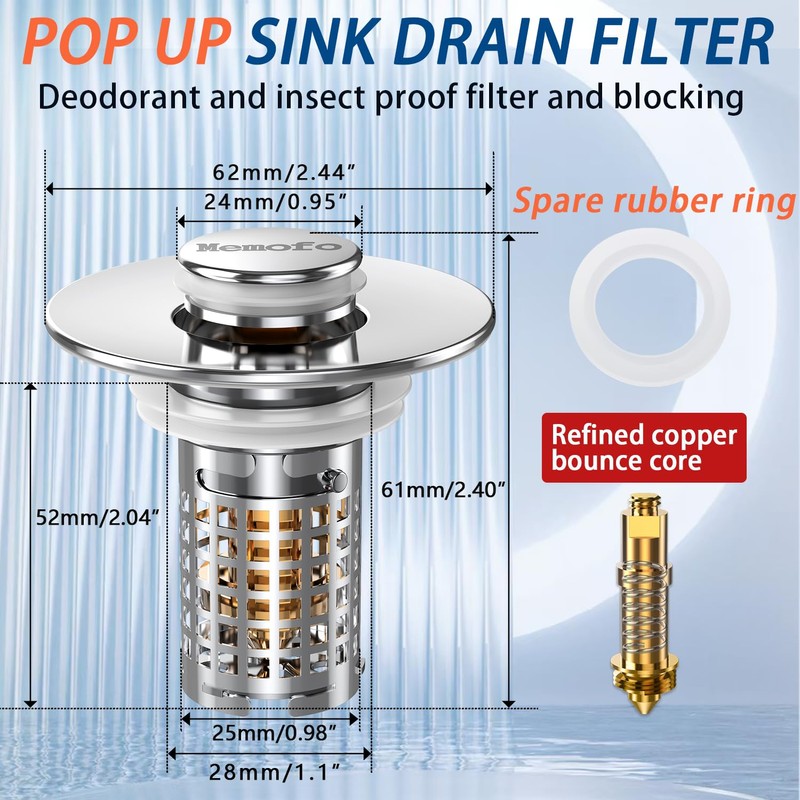 3-in-1 Bathroom Sink Drain Strainer, Stainless Steel Pop-up Strainer Basket