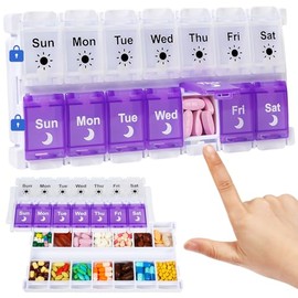 Shintop Am Pm Pill Organizer 7 Day, Push Button Weekly Pill Box 2 Times Removable Lid Medication Case Easy Fill Day Night Vitamin Container for Fish O