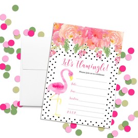 Amanda Creation Pink Watercolor Polka Dot Flamingo Fill In Party Invitations, set of 20 including envelopes