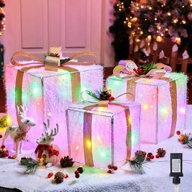 Set of 3 Christmas Decorations Lighted Gift Boxes with Bows，12" 10" 8" with 60 Pre-Lit Mini String Lights，Foldable LED Xmas Present Boxes for Tree Indoor Outdoor Holiday Party Yard Home Decor