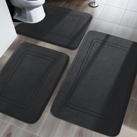 YIHOUSE Memory Foam Bath Mat Set, Bathroom Rugs Sets 3 Pieces, Non Slip Bath Mats for Bathroom, Super Soft and Water Absorbent bath rug set, Machine Washable U Shape Toilet Mats Set,Black