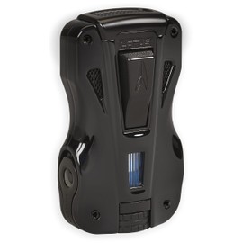 Lotus GT Cigar Lighter with Double Pinpoint Wind-Resistant Torch Flames, Metal Housing, Two Fold-Out Cigar Punches, Two-Sided Fuel Level Window, Large Tire-Shaped Flame Adjuster (Black & Black Matte)