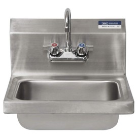 BK Resources BKHS-W-1410-P-G Wall Mount Stainless Steel Hand Sink with 4" On Center Splash Mount 3.5" Gooseneck Faucet, 14" Wide x 10" Front-to-Back x 5" Deep Bowl