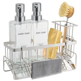 GMISUN Kitchen Soap Dispenser, 12 Fl oz/350ml Clear Dish Soap Dispenser with Silver Sponge Holder, Customized Glass Dish Soap Dispensers for Kitchen, Modern Hand and Dish Soap Dispensers Set Removable