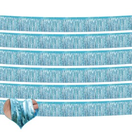 6 Pack 10 Feet Foil Fringe Garland Metallic Tinsel Banner Wall Hanging Curtain Streamers Backdrop for Parade Floats Bachelorette Wedding Birthday Party Thanksgiving Christmas Decorations(Light Blue)