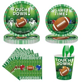 97 PCS 9 Inch and 7 Inch Paper Football Party Supplies Set with Cups Napkins and Tablecloth for Game Day Tailgate and Birthday Celebrations