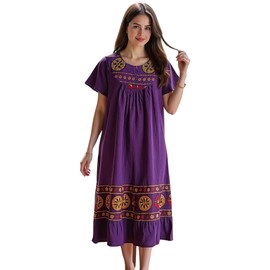 Loungees Women’s Lounge Dress - Comfortable Boho Midi Muu Muu Dress with Printed Border, Relaxed Fit Crinkle Cotton Gauze, Roomy Sleeves & Side Pockets - Casual Lounger for Women (Purple, 2X)