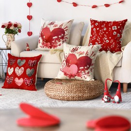 Valentine's Day Love Heart Red Throw Pillow Covers, 18 x 18 Inch Flowers Leaves Anniversary Wedding Cushion Case Decoration for Sofa Couch Set of 4