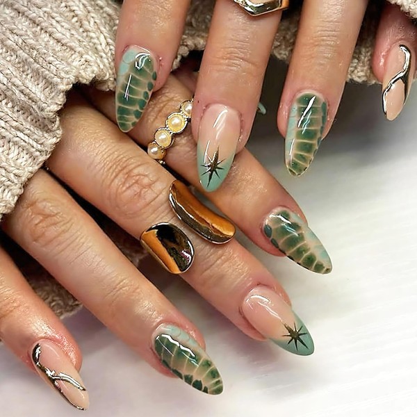 ROFIBUT Green Tortoise Press on Nails Medium Almond Fake Nails