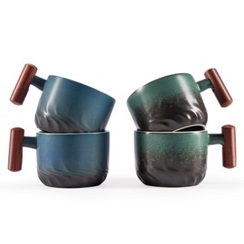 CLASGLAZ 6oz Ceramic Espresso Cups with Wooden Handle, Small Coffee Cups for Latte Cappuccino, Tea Cups Set of 4