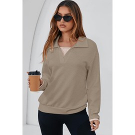 Dokotoo Womens Fall Fashion 2025 Long Sleeve Oversized Sweatshirt for Women Polo Lapel V Neck Color Block Casual Loose Fit Soft Pullover Hoodies Sweatshirts Tops Cozy Winter Clothing Khaki X-Large