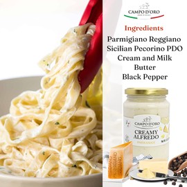 Creamy Alfredo Pasta Sauce, 12.3oz (350g). Homemade in Sicily, Italy, topping, dip, pizza, Spaghetti, Fettuccine, Made with DOP Parmigiano Reggiano and Pecorino Romano Cheese, Campo D'Oro.