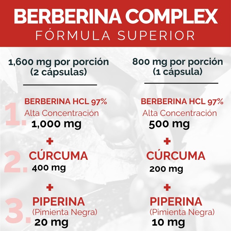 Berberina HCl Pura 60 caps Potenciada con Piperina y Cúrcuma