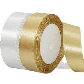 Gold Christmas Ribbon, Gold White Satin Ribbon 1 Inch 50 Yards Fabric Ribbons for Christmas Party Decorations, Gift Wrapping, Tree Ornaments, Bouquets, Door Wreaths, Bows Making and DIY Crafts