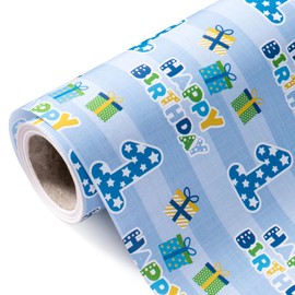 WRAPAHOLIC 1st Birthday Wrapping Paper - Mini Roll - 17 Inch x 9.8 Feet - Blue Happy Birthday Wrapping Paper for Boys Kids, Baby Shower, Party, Holiday