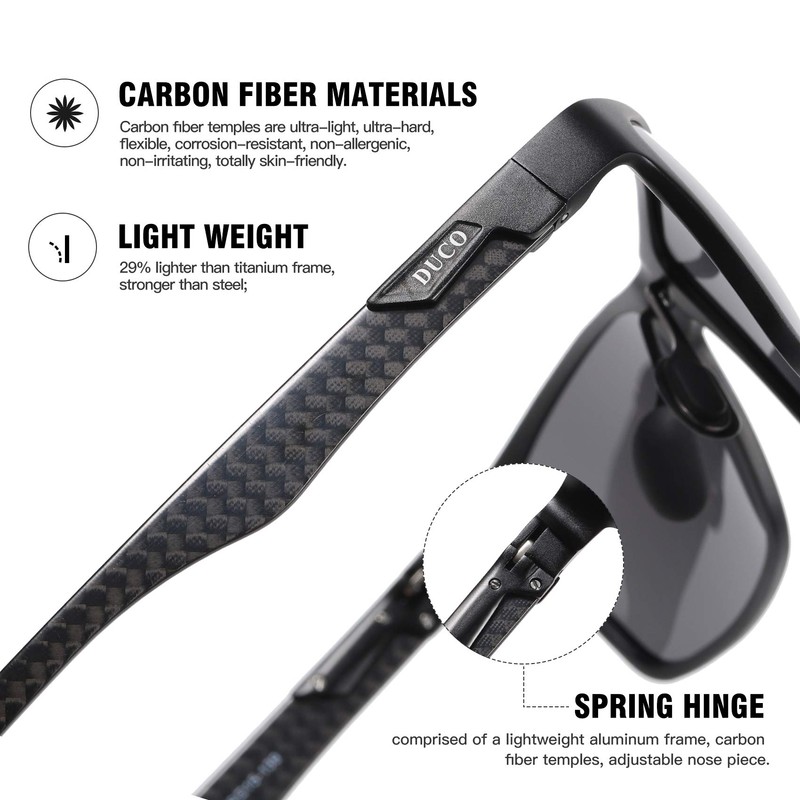 DUCO Sunglasses for Men Carbon Fiber Temples with Rectangular Polarized