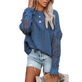 Dokotoo Womens Sweaters Soft Cute Plain Lace Crochet Crew Neck Knitted Sweaters for Women Fashion 2025 Jumpers Long Sleeve Casual Winter Pullover Sweater Outerwear Blue L