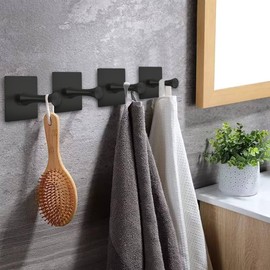 DGYB Self Adhesive Hooks for Hanging Set of 4 Adhesive Wall Hooks Heavy Duty Stainless Steel Black Adhesive Towel Hooks for Bathrooms Waterproof Stick on Shower Hooks for Inside Shower