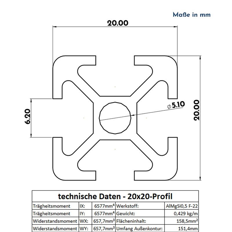 Aluminium Profile 20 x 20 mm Groove 6 Aluminium System