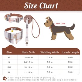 EXPAWLORER Dog Collar and Leash Set - Classic Plaid Dog Collar with Bow Tie and Removable Cute Bell, Puppy Collar and Dog Leash No Tangle, Adjustable Dog Collars for Small Dogs Cats, Beige XS