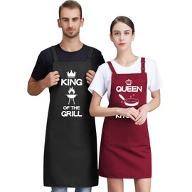 FUKPO Pack of 2 Adjustable Cooking Aprons Women Men Washable Black Apron Man Red Kitchen Apron Women with Pockets Baking Apron Waterproof Cotton Aprons Baking BBQ Grill Apron Men, black red