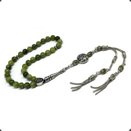 ALBATROSART Design -Latest Models New Long & Stylist Tassels Worry Beads - Prayer Beads (8 mm-33 Beads) Tesbih-Tasbih-Tasbeeh-Misbaha-Masbaha-Subha-Sebha-Sibha-Rosary (Green Jade Stone - Twin Tassel)