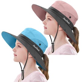 2 Pieces 5-14Y Kids Summer Sun Hat Wide Brim UV Protection for Girls Ponytail Beach Bucket Cap (Sky Blue＆Pink)