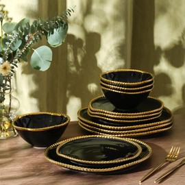 Christian Siriano Akoya Porcelain Dinnerware Set, 12-Piece - Dish Set for 4, Plates and Bowls Set, Black and Gold