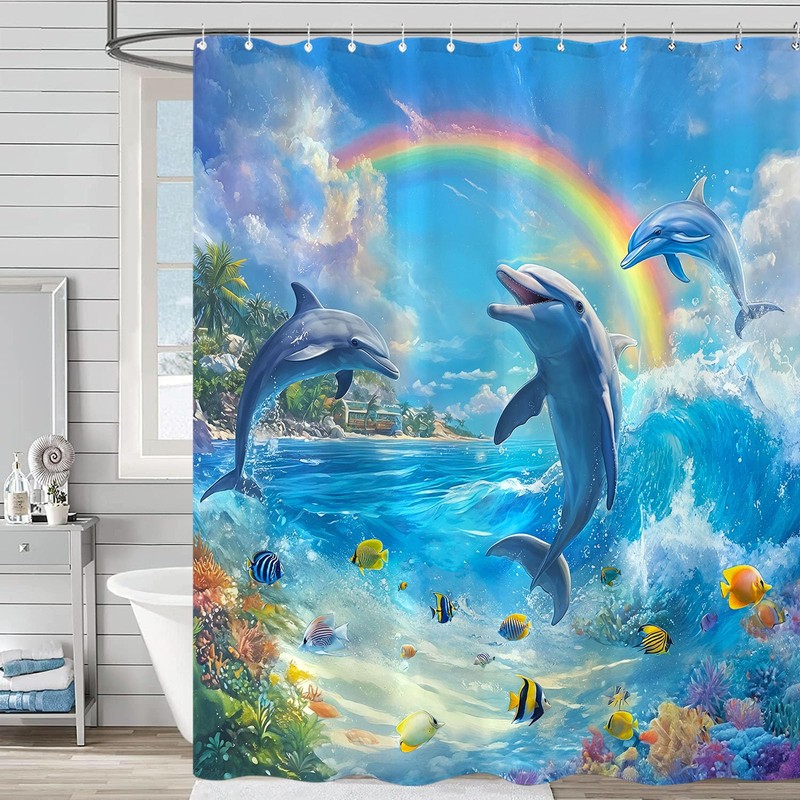 Accnicc Dolphin Shower Curtain Ocean Funny Rainbow Dolphins Shower Curtains
