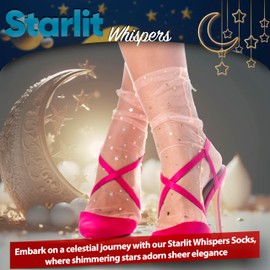 AVIAN LEGS Peach Puff Delight: Women Sheer Slouch Tulle Socks | Shiny Glitter Novelty Decorated Loose Socks with Stars & Moon - Ankle High 1 Pair (US sizes 5-8)