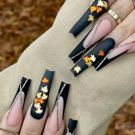 24 Pcs Fall Press on Nails Coffin Long Fake Nails French Tip False Nails with Maple Leaf Stripe Design Full Cover Glue on Nails Autumn Thanksgiving Nail Decorations Acrylic Nails for Women Girls